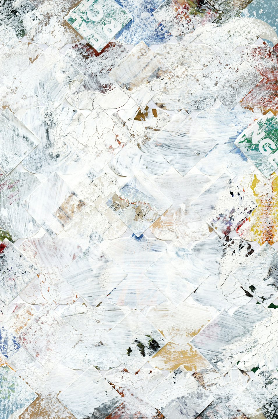 Abstract mixed media painting with cracked white paint over paper.