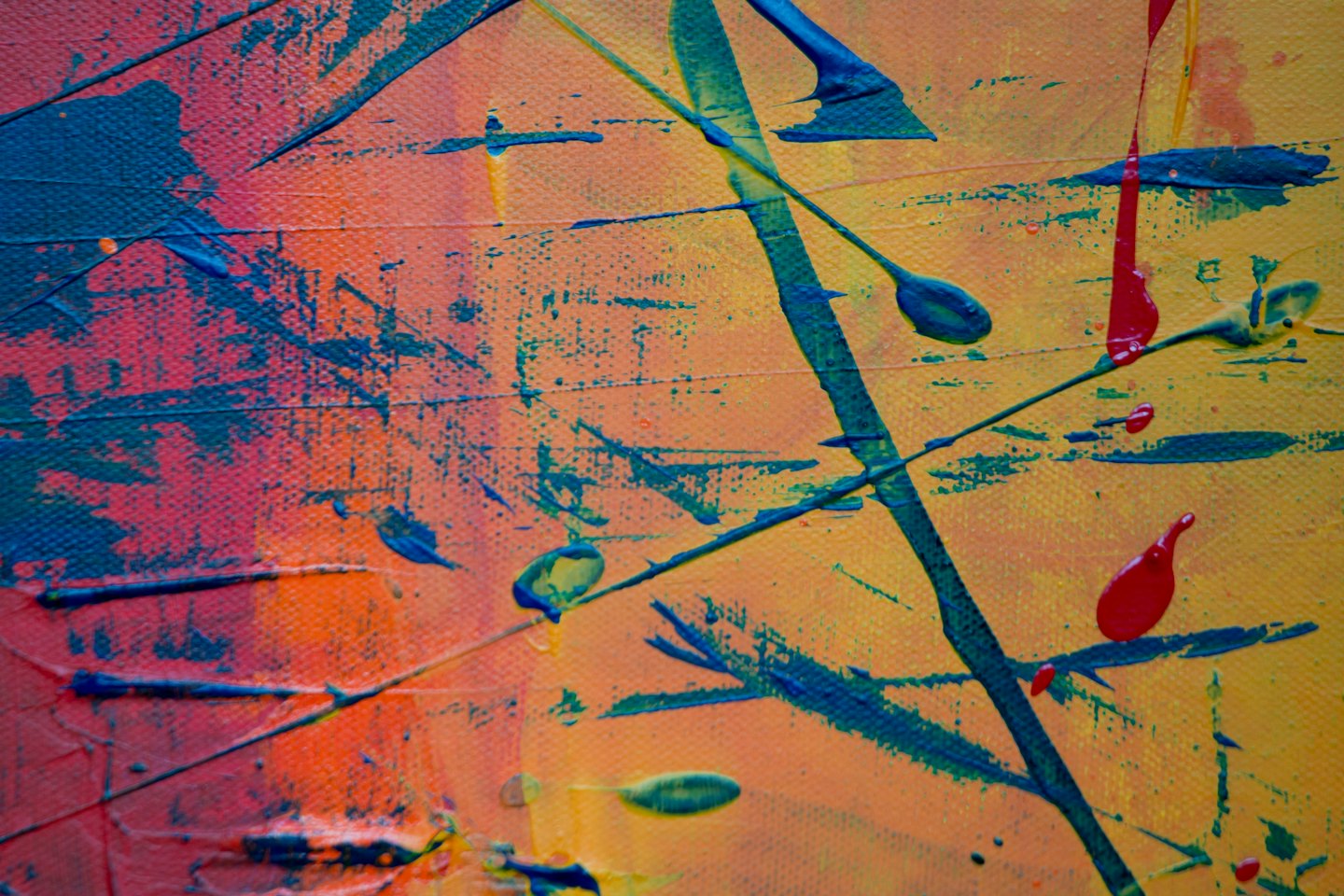 Abstract painting with bold blue, red, orange, and yellow strokes.
