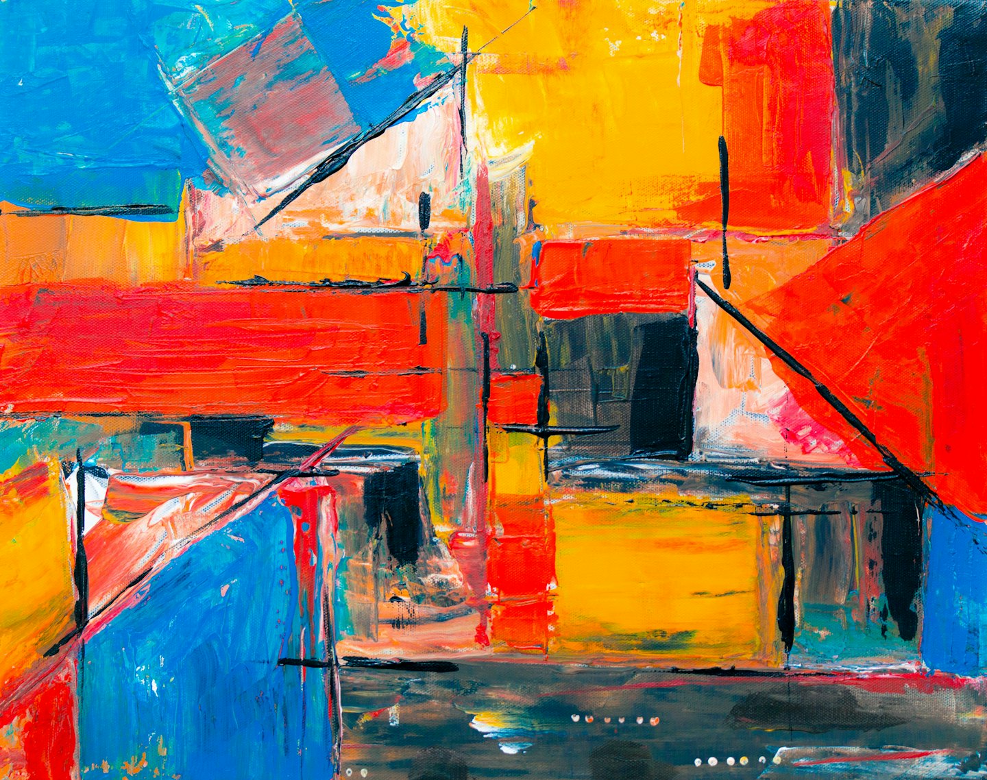 Abstract oil painting with bold red, yellow, and blue impasto.